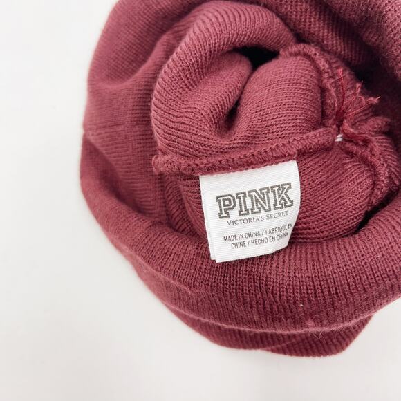 Victorias Secret PINK Burgundy Red White Pom Pom Beanie Hat Foldover Winter Cozy - Picture 5 of 7
